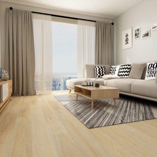 salon avec plancher de bois laminé chêne